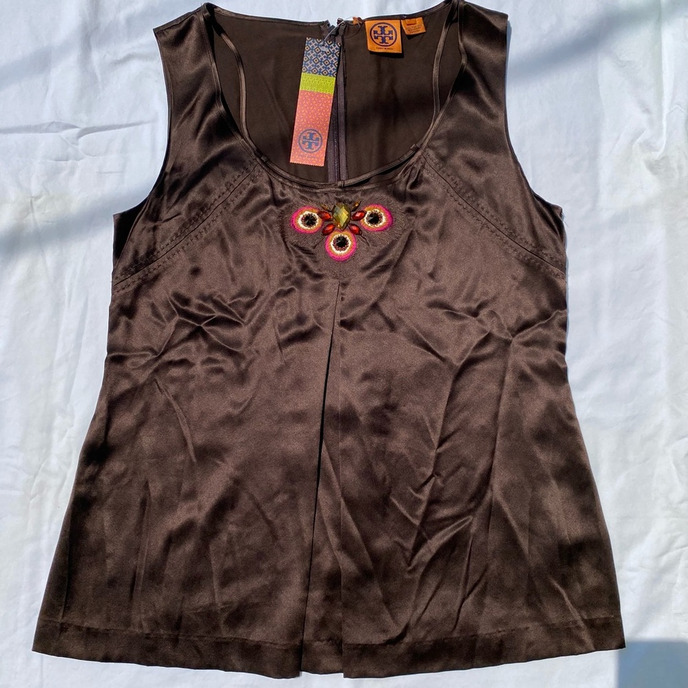 Tory Burch Silk Pleated Sleeveless Decorative Top Sz 14
